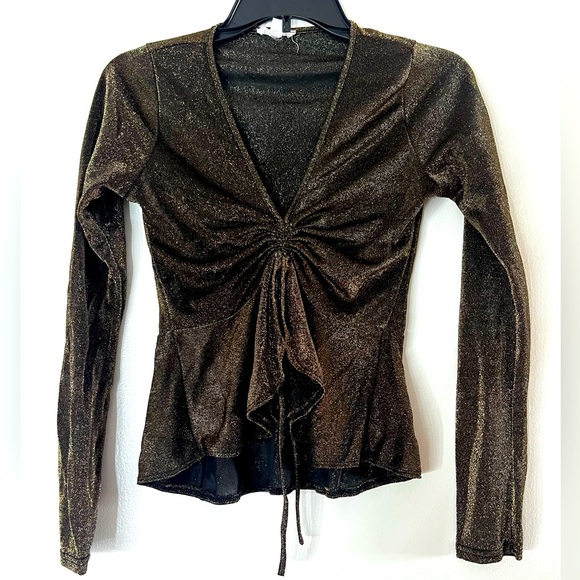 A’gaci Metallic Gold Y2K Ruched Plunge Peplum Pull Tie Cascade Top Blouse - Picture 1 of 5